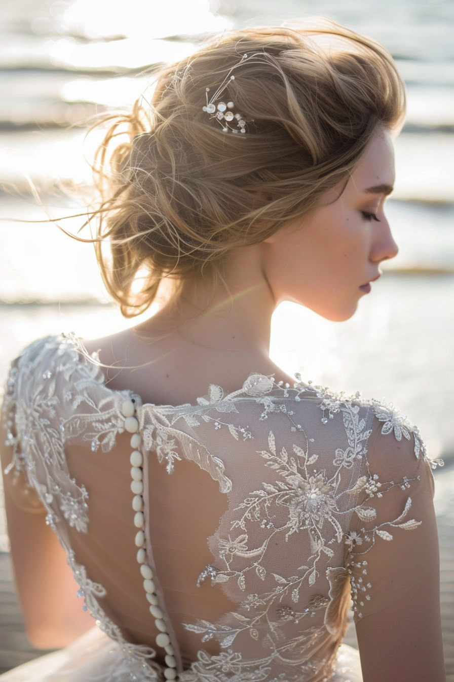 Beach wedding. Pearl-white lace gown paired with uncut diamond hairpins.