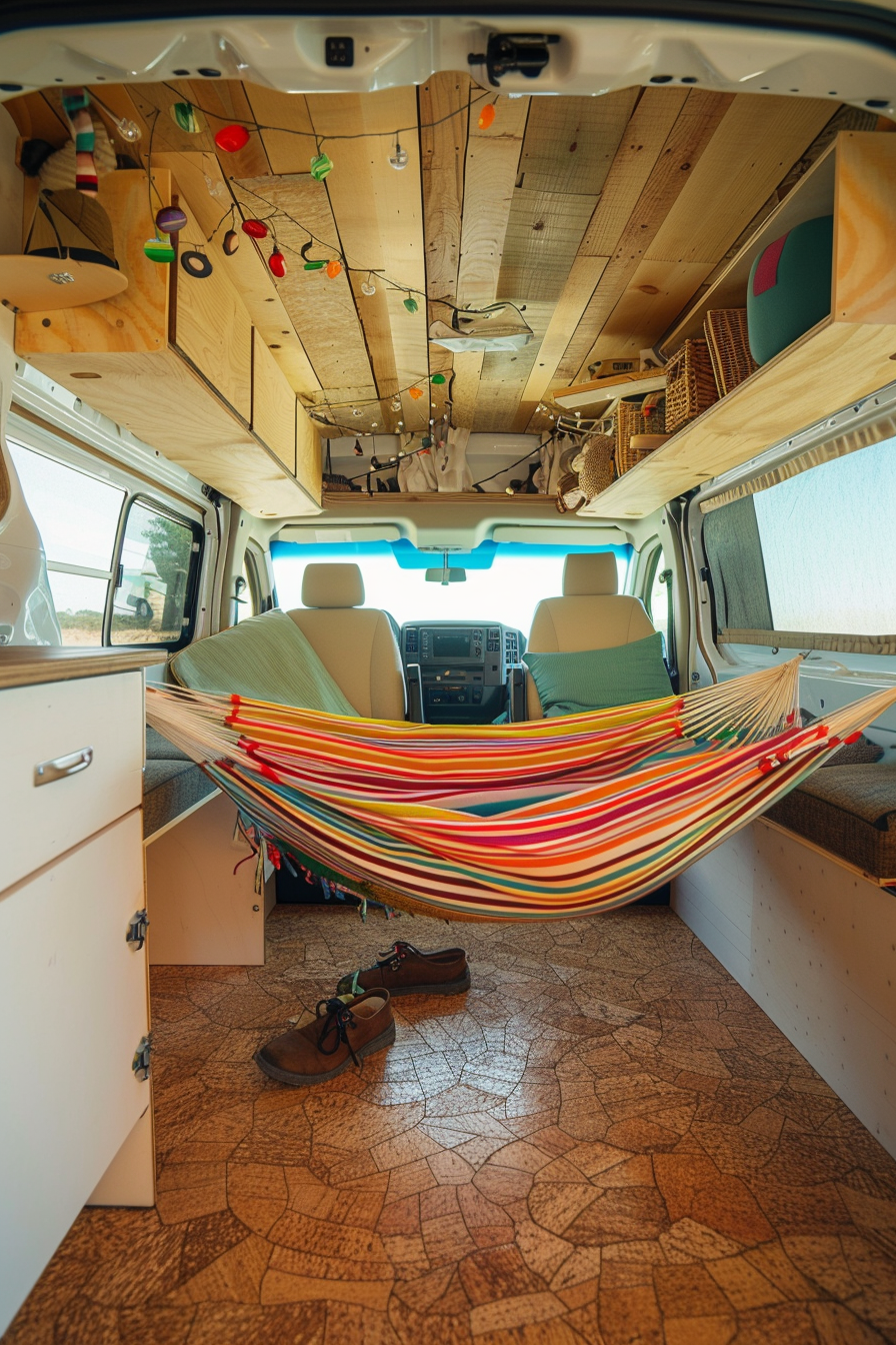 Modern camper van interior. Multicolor striped hammock, cork flooring, bamboo screens.