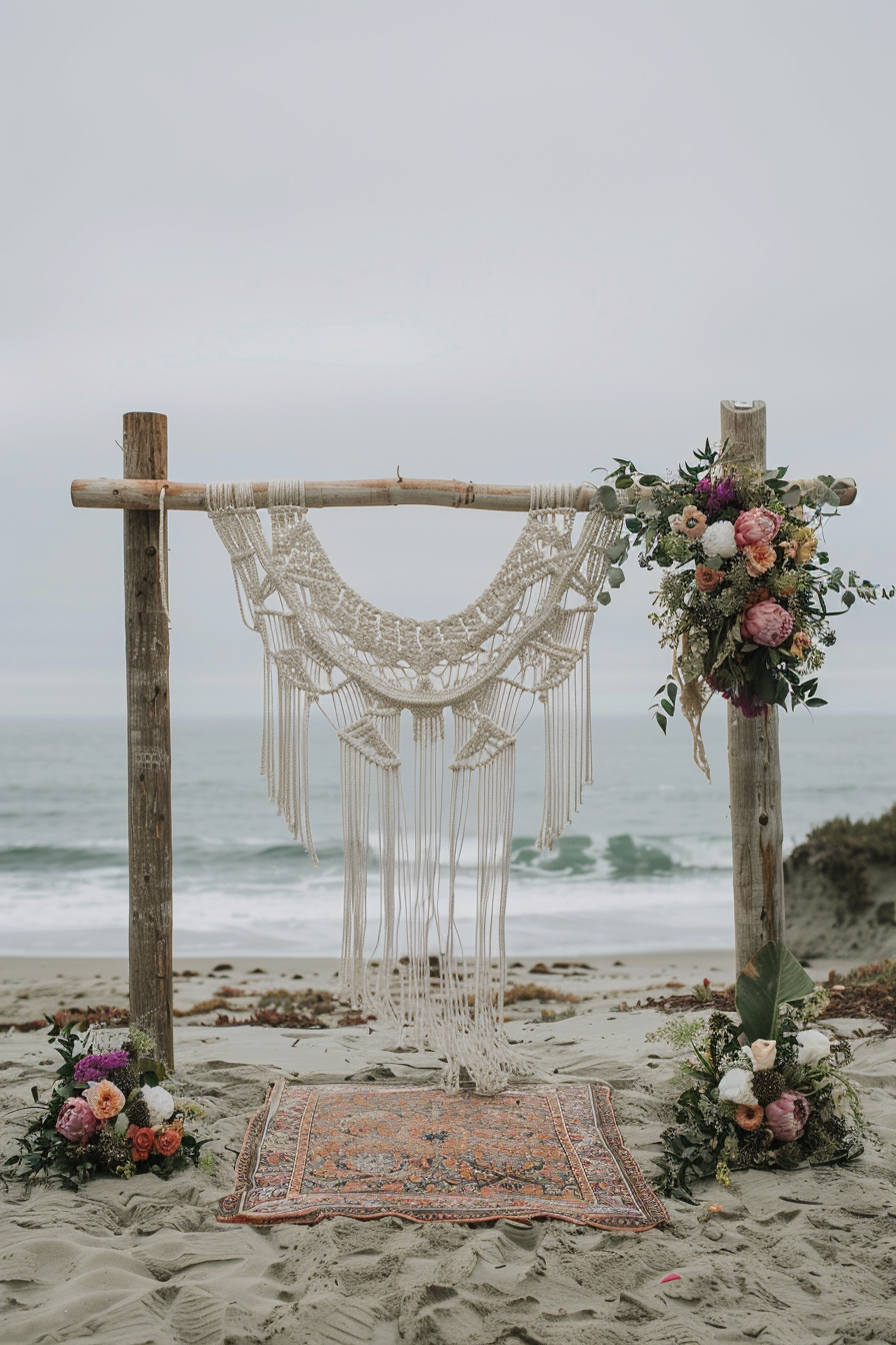 Beach wedding. Macrame arch backdrop set against sandy beach.