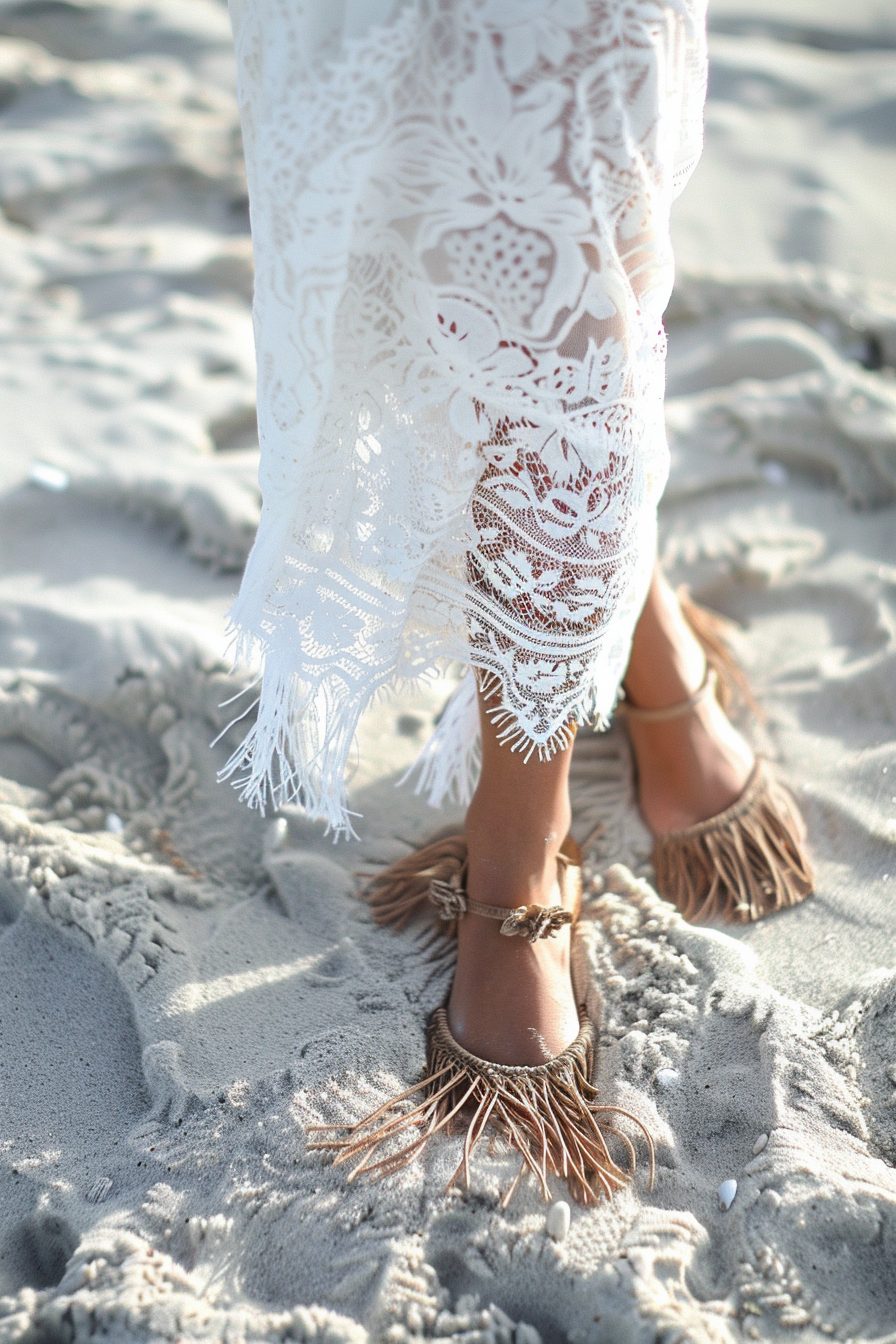 Boho beach wedding. White lace maxi dress with beige fringed sandals.