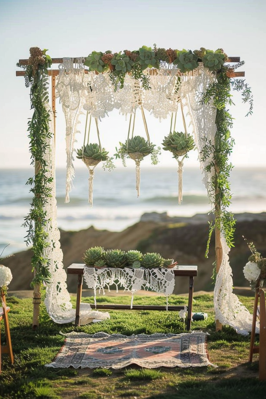 Boho beach wedding. White lace altar adorned with hanging succulents.