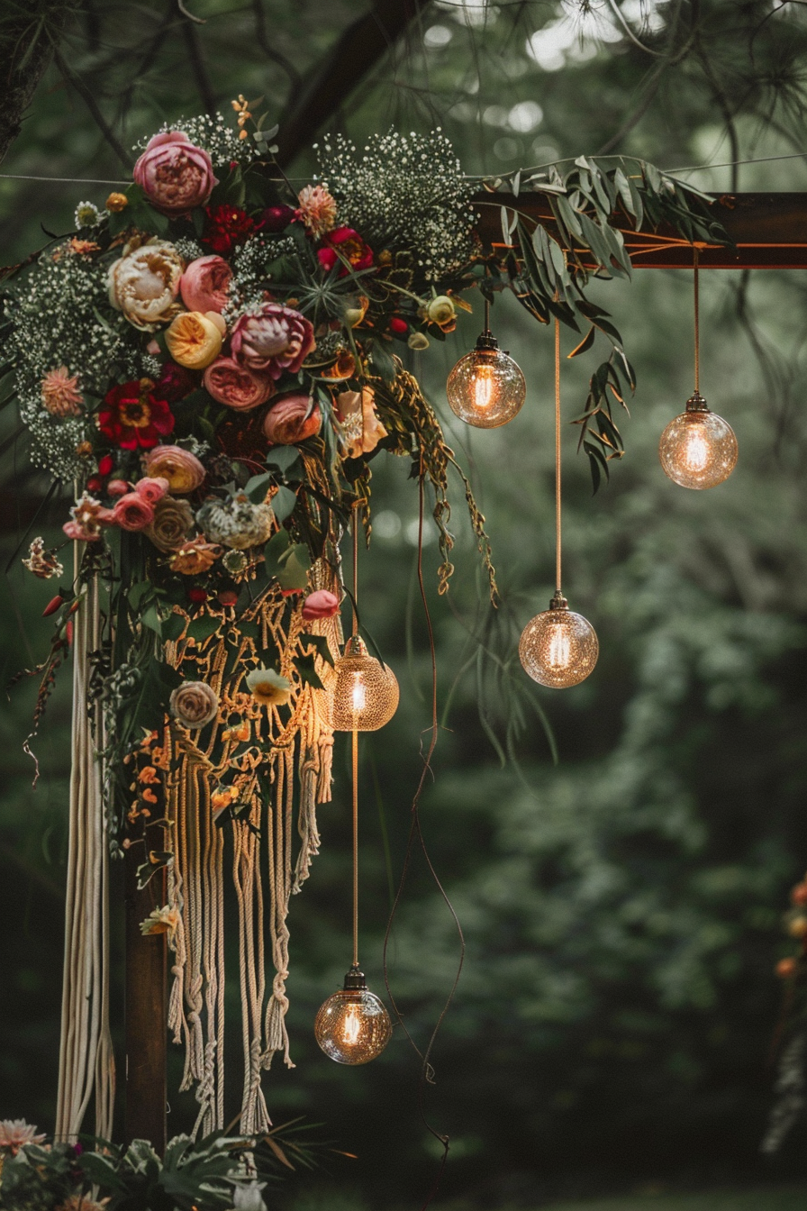 Boho wedding design. Macrame arbor with cascading wildflowers and hanging globe lights.