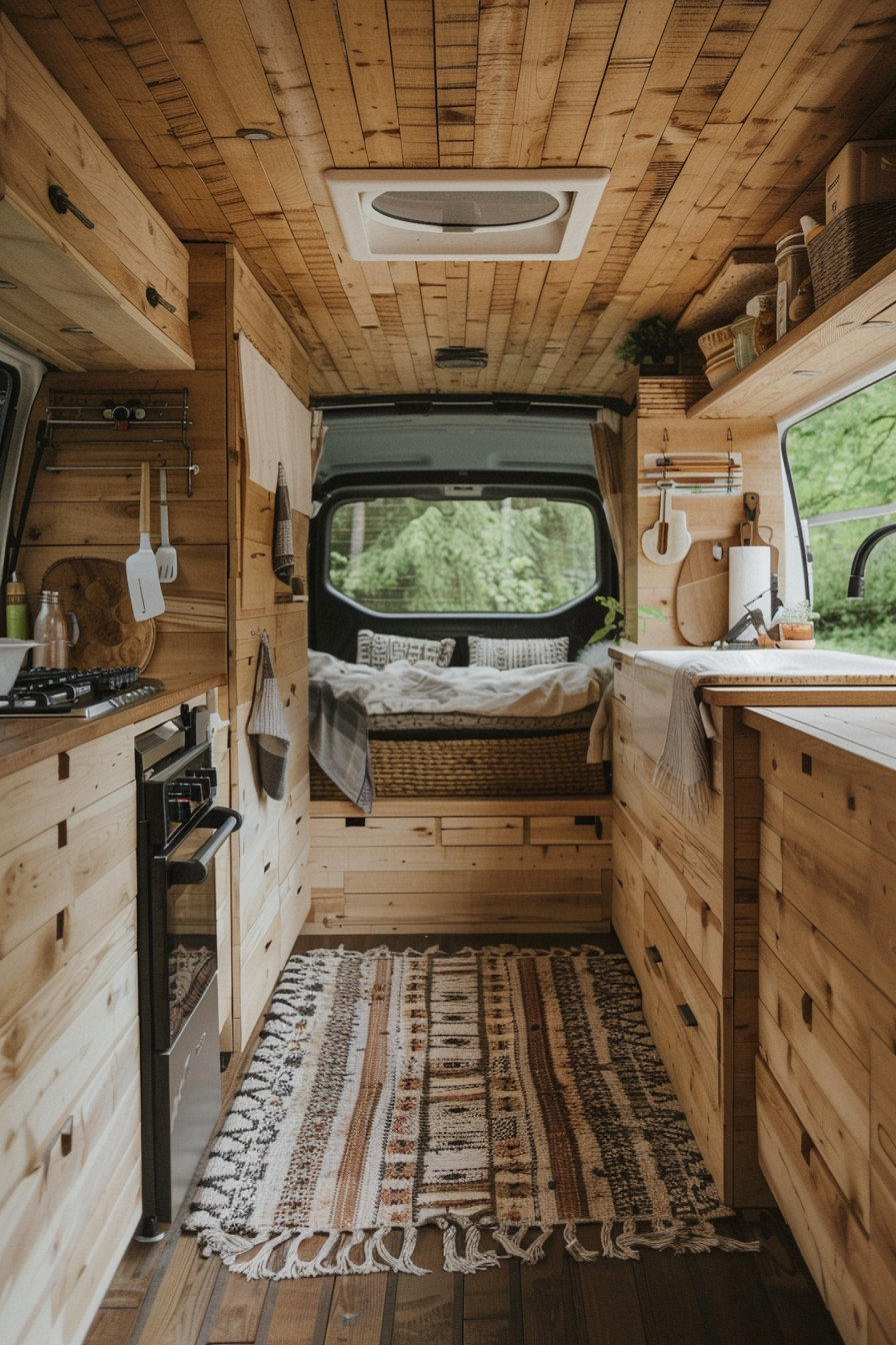 Modern camper van interior. Wooden panels with woven rug and whitewashed camp kitchen.