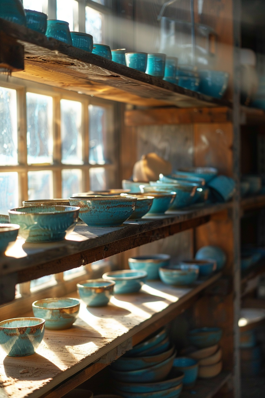 Clay workshop. Wooden shelves, sunlight streaming, bright blue pottery.