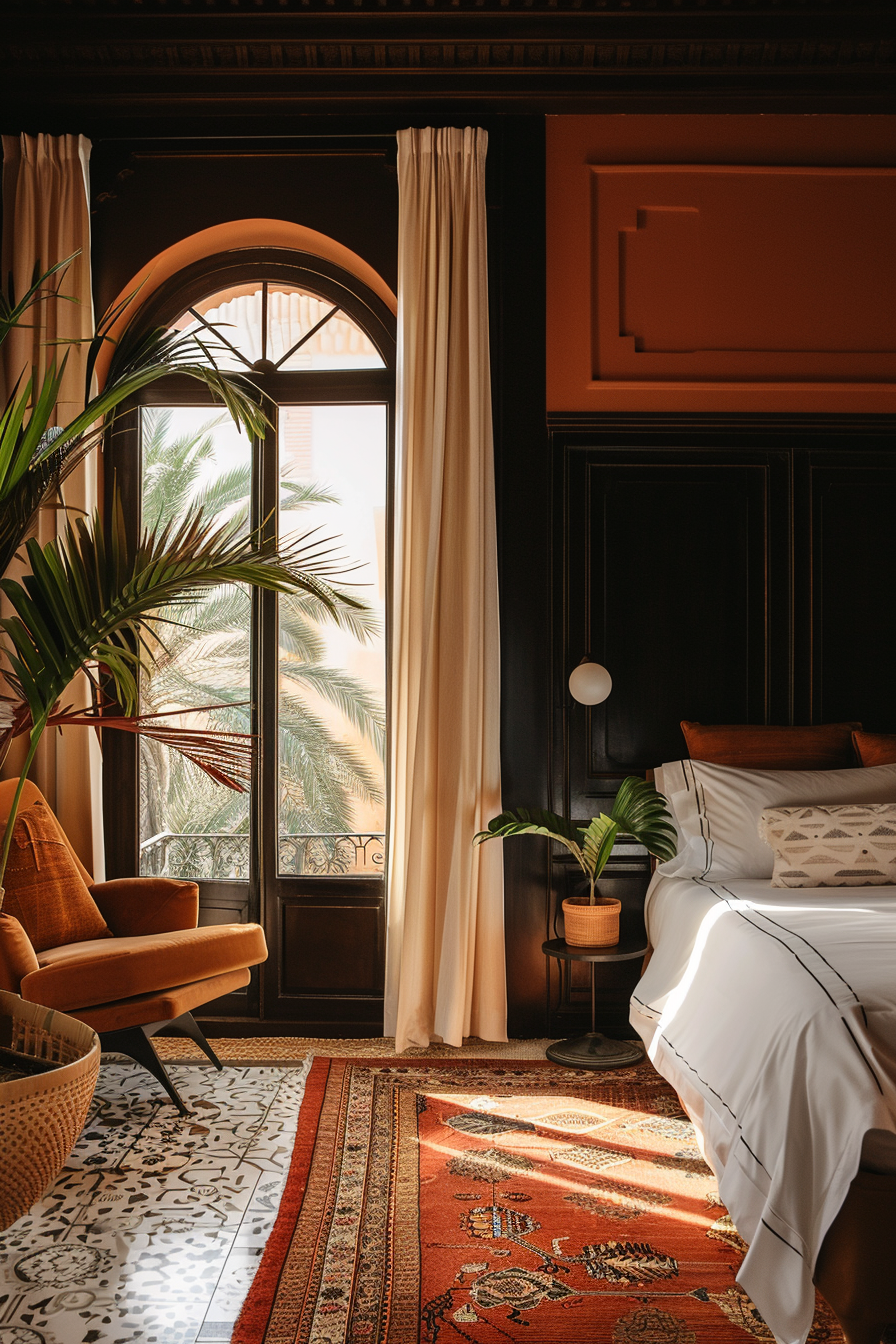 Hotel room. Warm-toned Moroccan rug, palmyra palms, window with direct natural light.