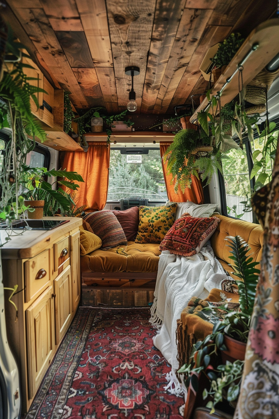 Converted Sprinter van camper. Velvet curtains, Persian rug, stained wood and hanging plants.