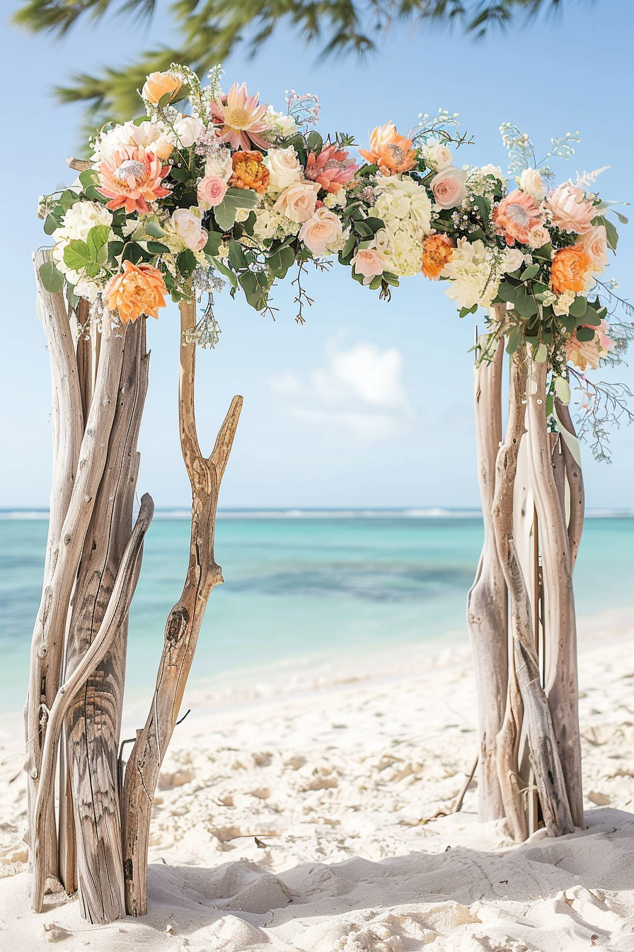 Beach wedding. Driftwood arch with cream and coral floral decorations.