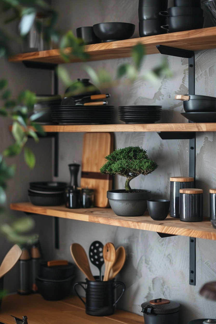 Japandi kitchen corner. Bamboo shelves with potted bonsai and matte black utensils.