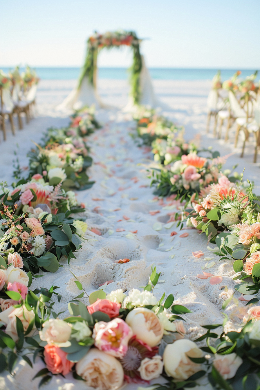 Beach wedding. Boho-styled sandy aisle adorned with pastel floral garlands.