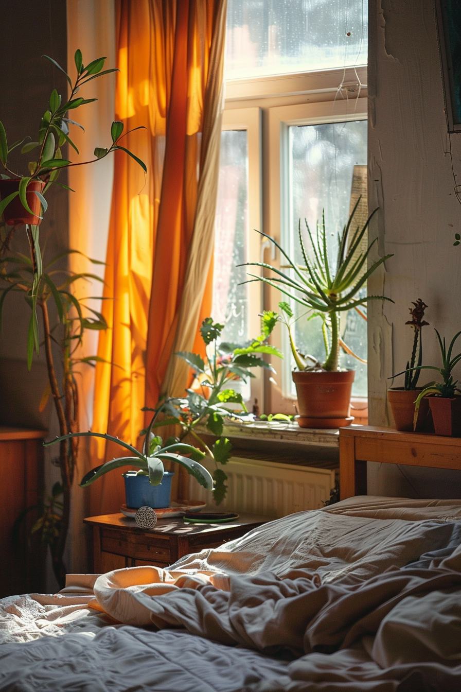 Hotel room. Orange saffron curtains, wooden bed frame, and aloe vera plants by the window.