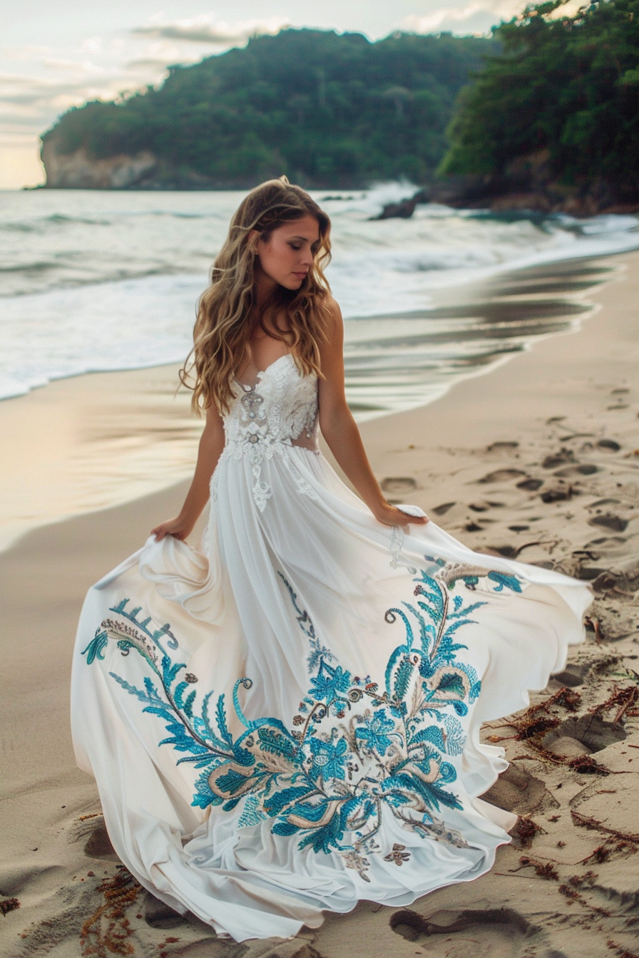 Boho beach wedding. Turquoise embroidery on a flowing white bridal gown.