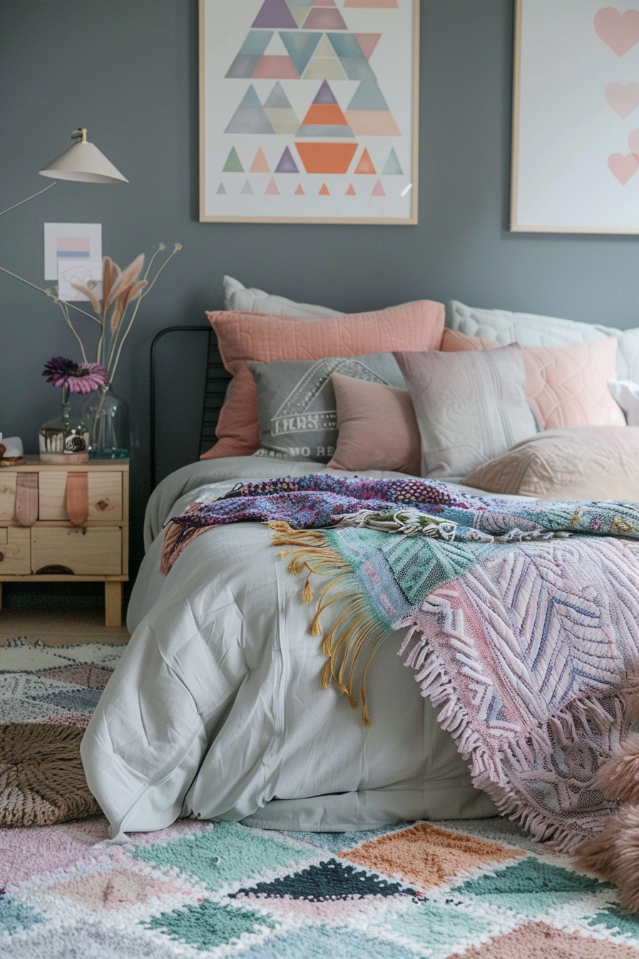 Japandi Pastel Bedroom. Aztec rug with pastel geometric patterns.