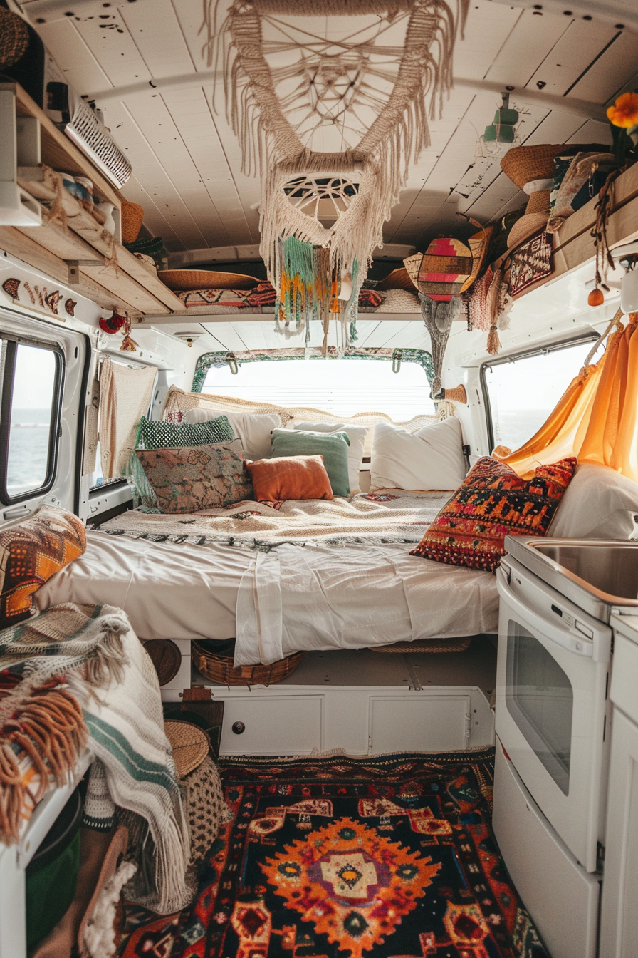 Converted Sprinter van camper. Hanging macrame decor and colorful Moroccan rugs.