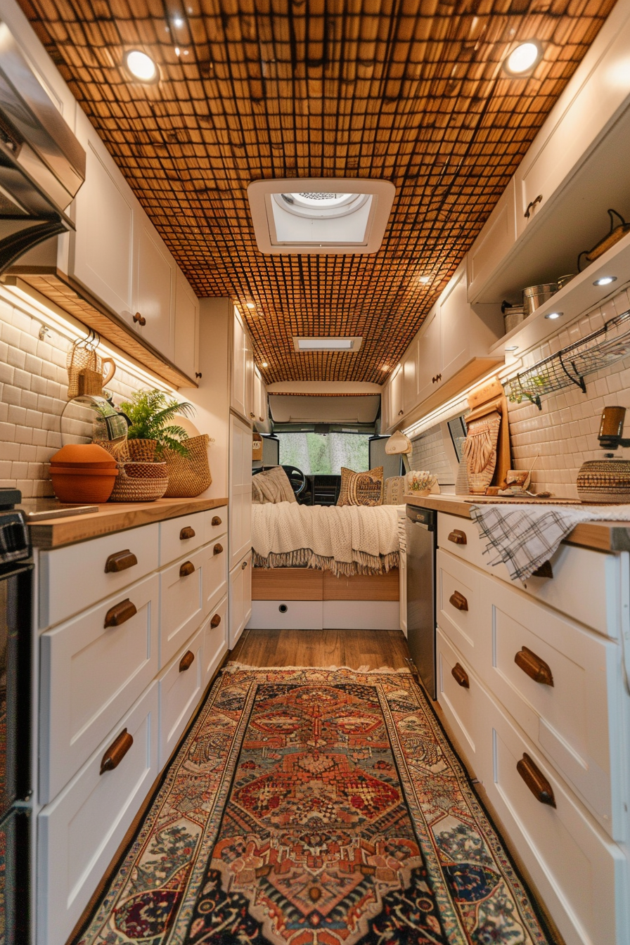 Converted Sprinter van camper. Full view highlighting woven rattan ceiling and statement Persian rug.