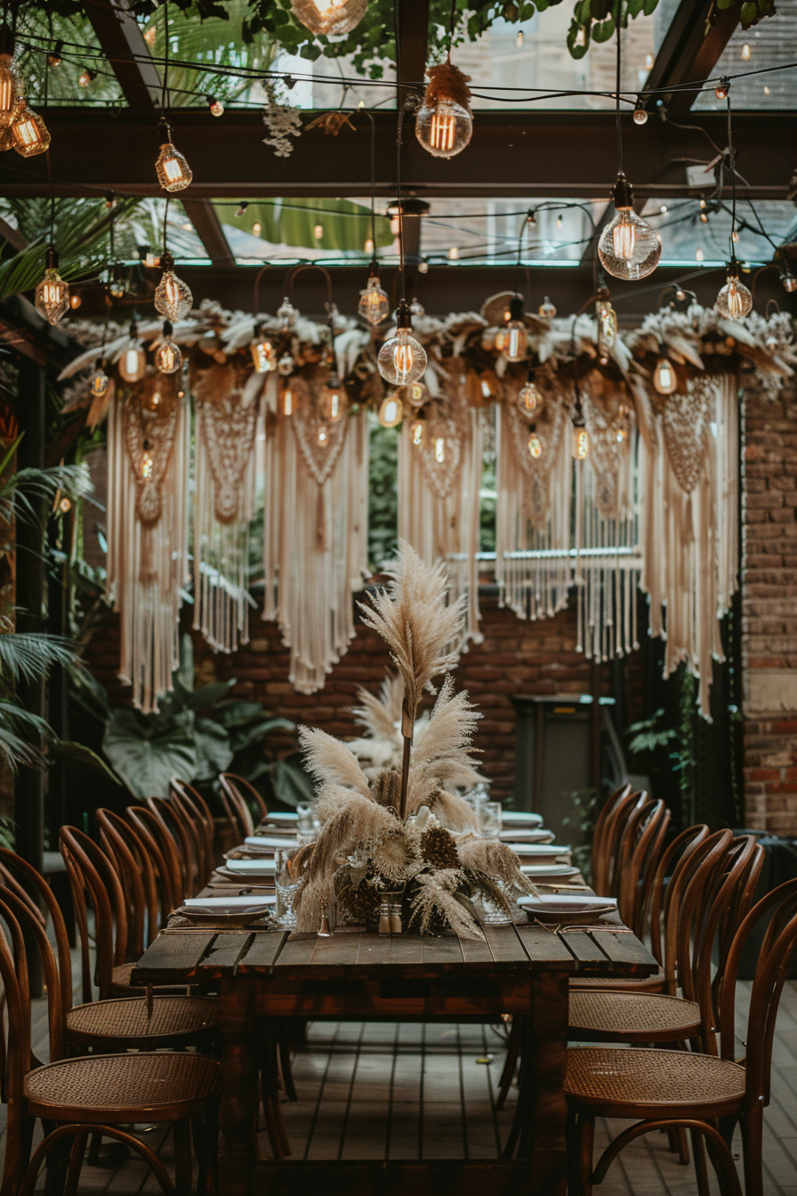 Boho wedding design. Macrame backdrop, wood tables, pampas grass centerpieces, Edison bulb lighting.