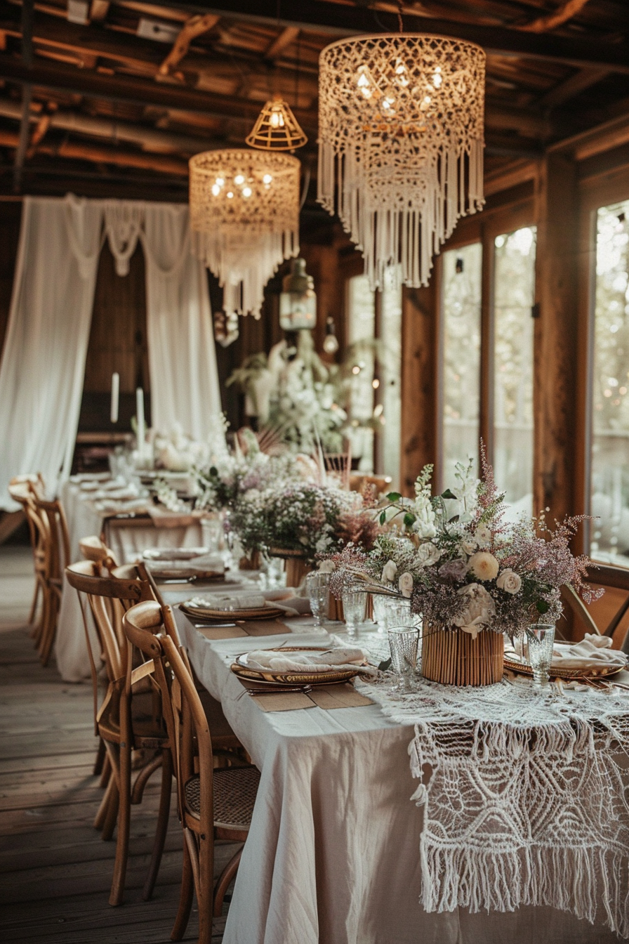 Wedding view. Boho design with rattan chandeliers, macrame backdrops, lace tablecloths and wooden chevaris.