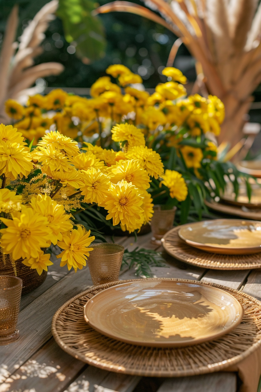 Boho-themed greenhouse birthday party. Yellow chrysanthemums arranged beside bamboo plate sets.