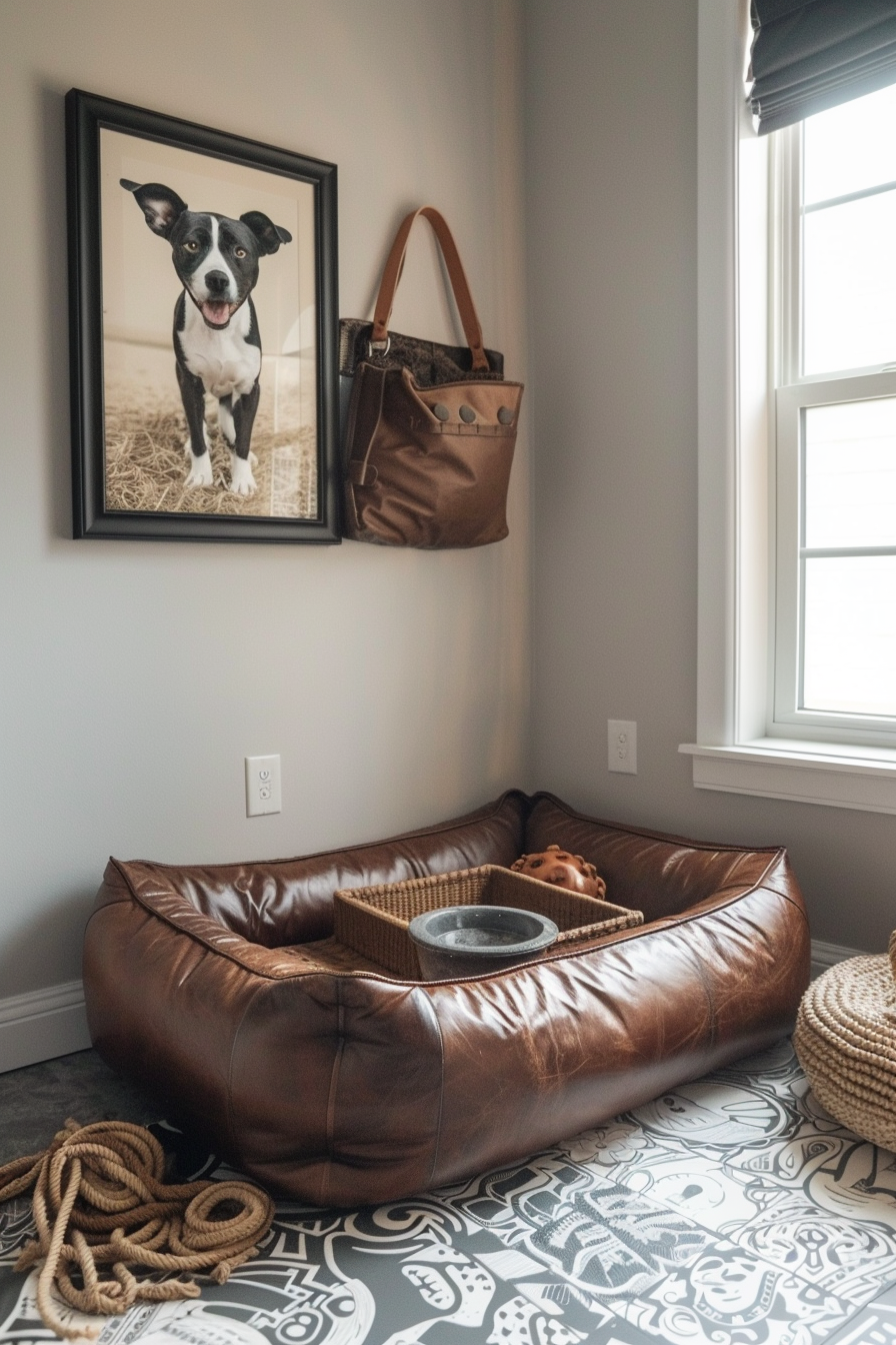 Personal corner design. Leather dog bed, ceramic food bowl and water bowl, rope toys, vintage dog-themed wall art.