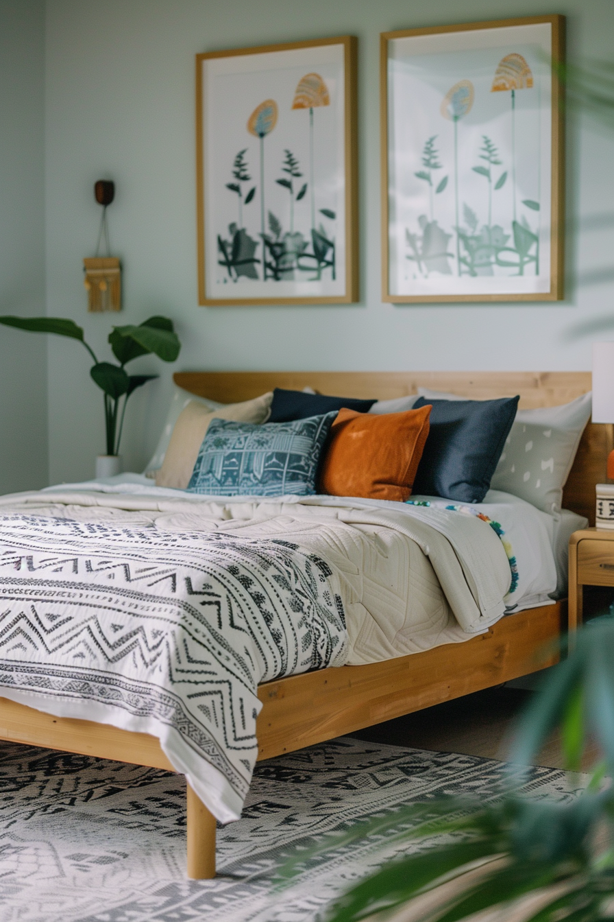 Aztek Japandi pastel bedroom. Wood-finished queen-size bed with aztec-patterned linen.