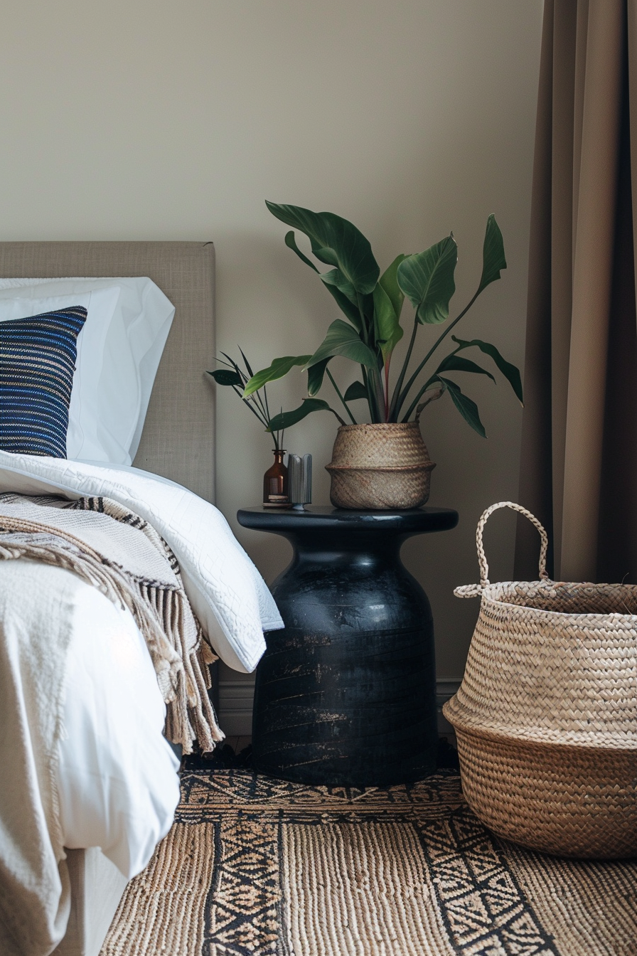 Japandi x Aztek bedroom design. Tikiri carpet, black marble bedside table, indigo woven basket.