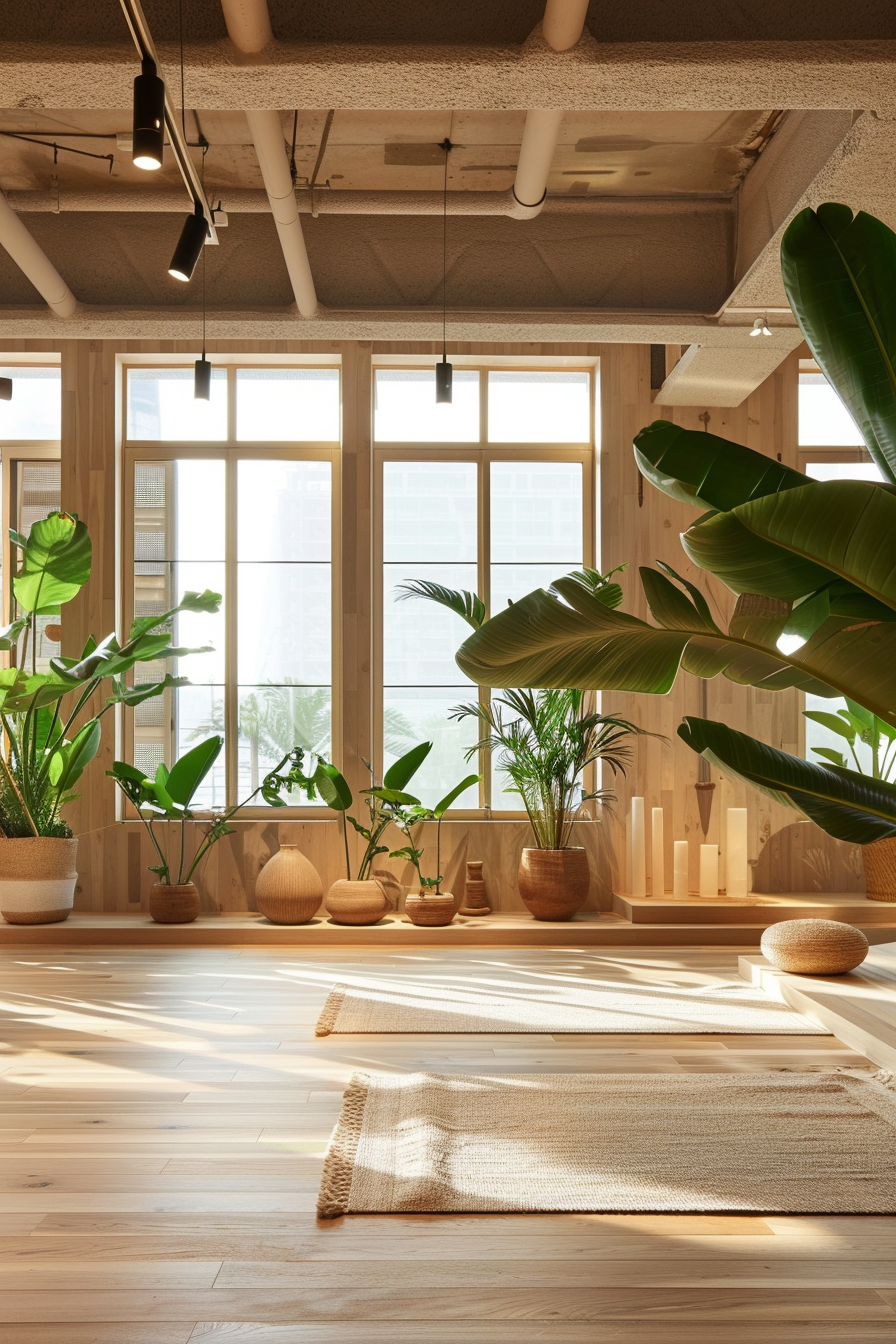 Japandi Yoga Studio. Natural wood floor with wide mat space and tropical plants.