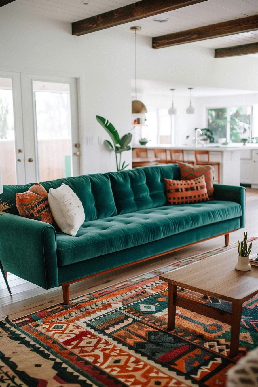 Mid-century modern living room. Tapered wooden legs, geometric rug, teal velvet sofa.