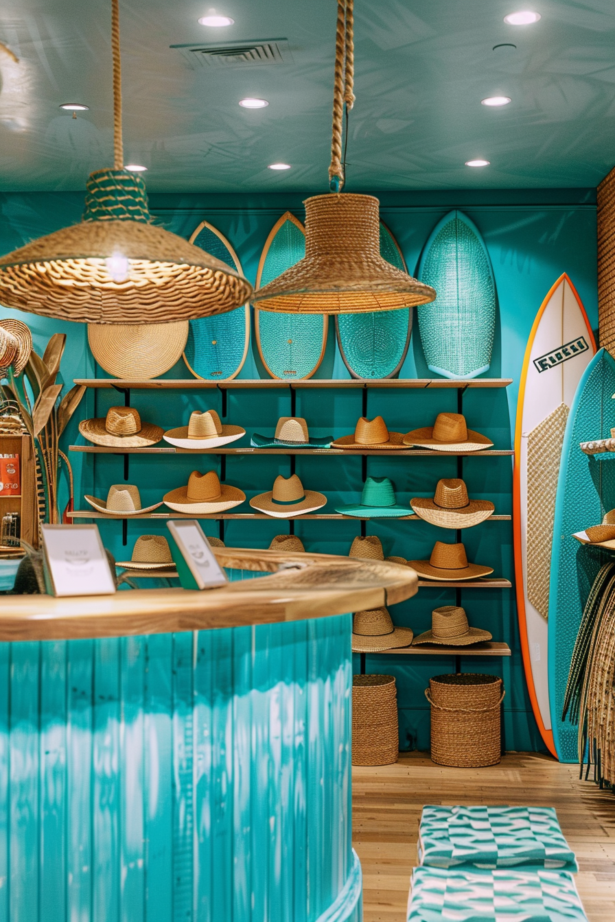 Surf shop design. Bright turquoise counter displaying straw sun hats and surfboards.