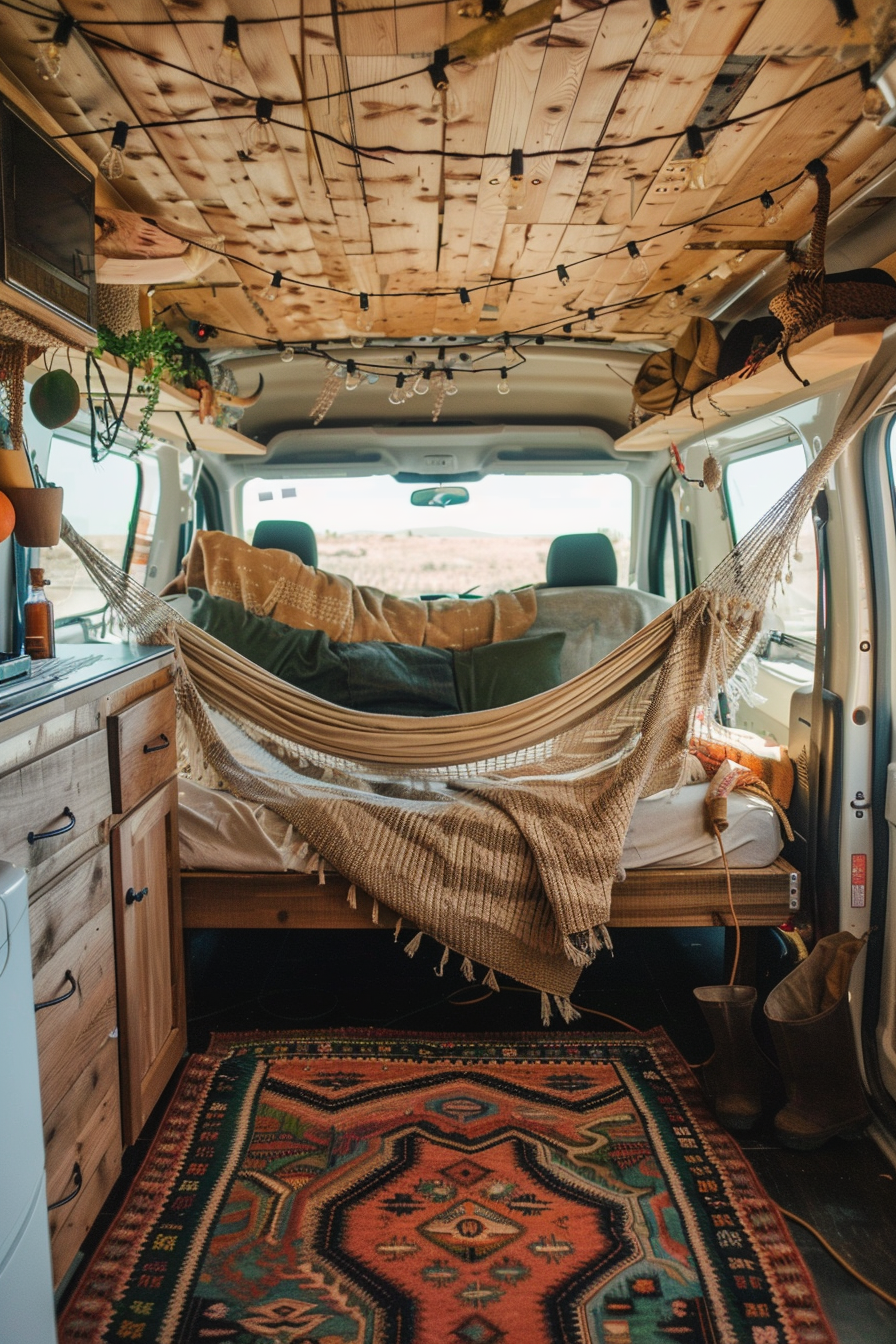 Modern camper van interior. Hammock hung over beechwood Bohemian style rugs.