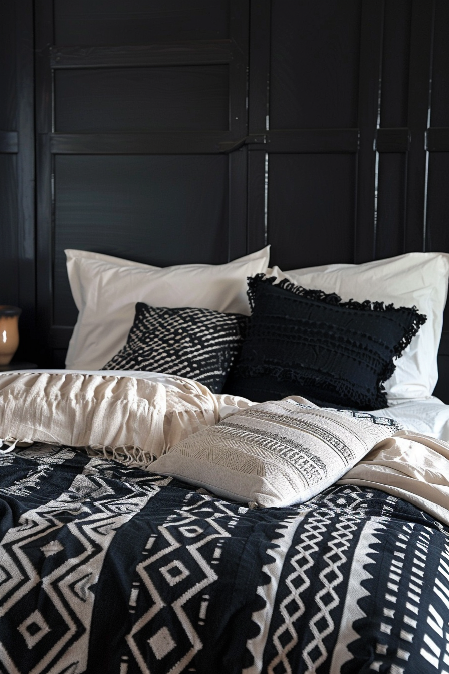 Japandi x Aztek bedroom design. Monochrome walls with geometrical Aztec prints.