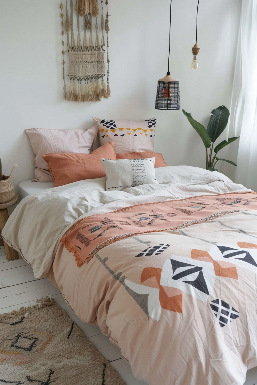 Aztek Japandi pastel bedroom. Pastel peach bedspread with geometrical Aztek print.