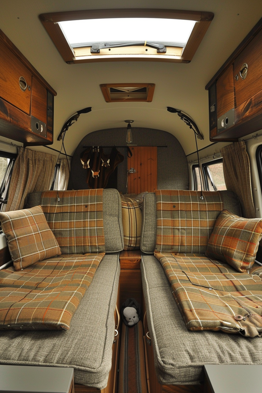 Modern camper van interior. Mushroom-colored tweeds combined with mahogany wood paneling.