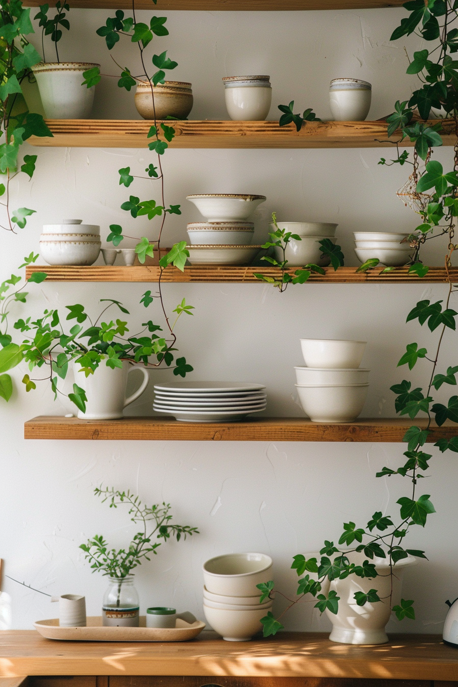 Japandi kitchen corner. Wooden shelves, green plants, white ceramics.