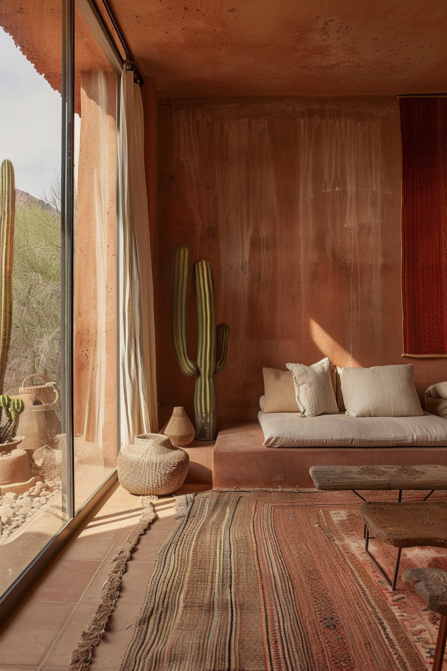 Desert-inspired hotel room. Terracotta walls, woven rugs, large windows, towering cacti.