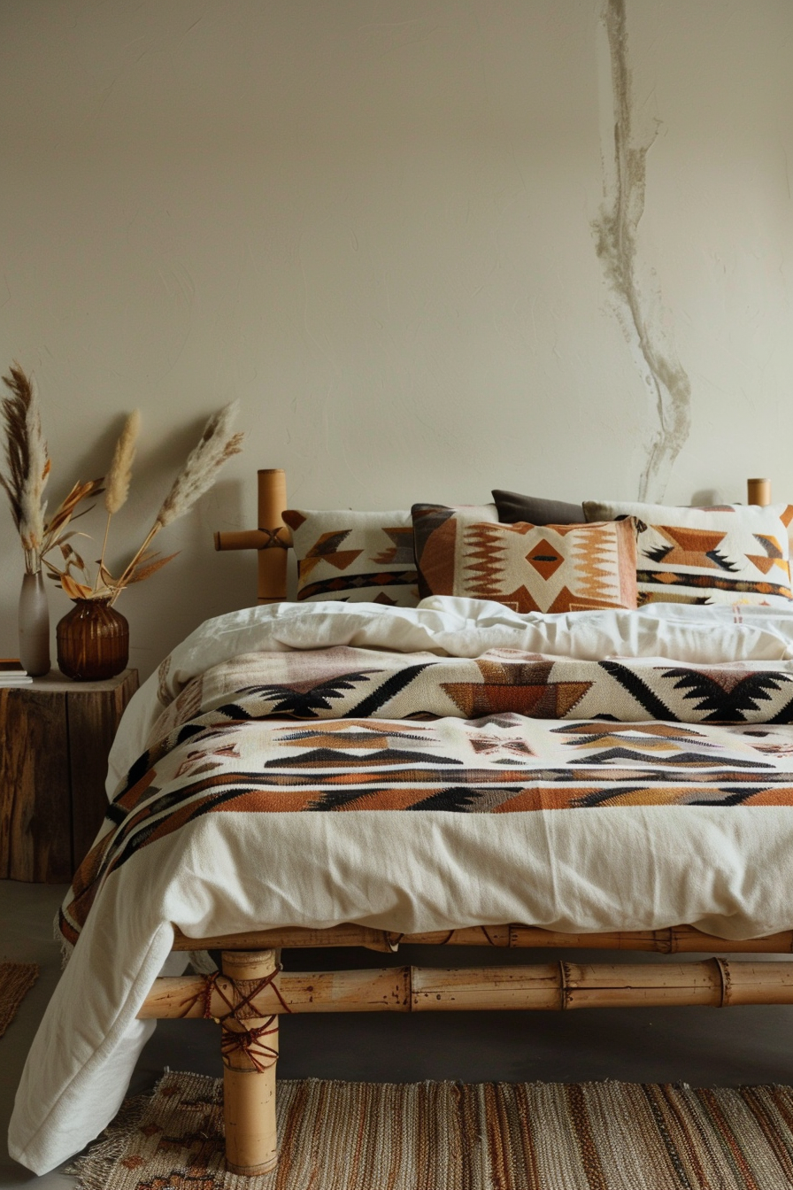 Japandi x Aztek bedroom design. Bamboo bed frame with Navajo pattern bedding.