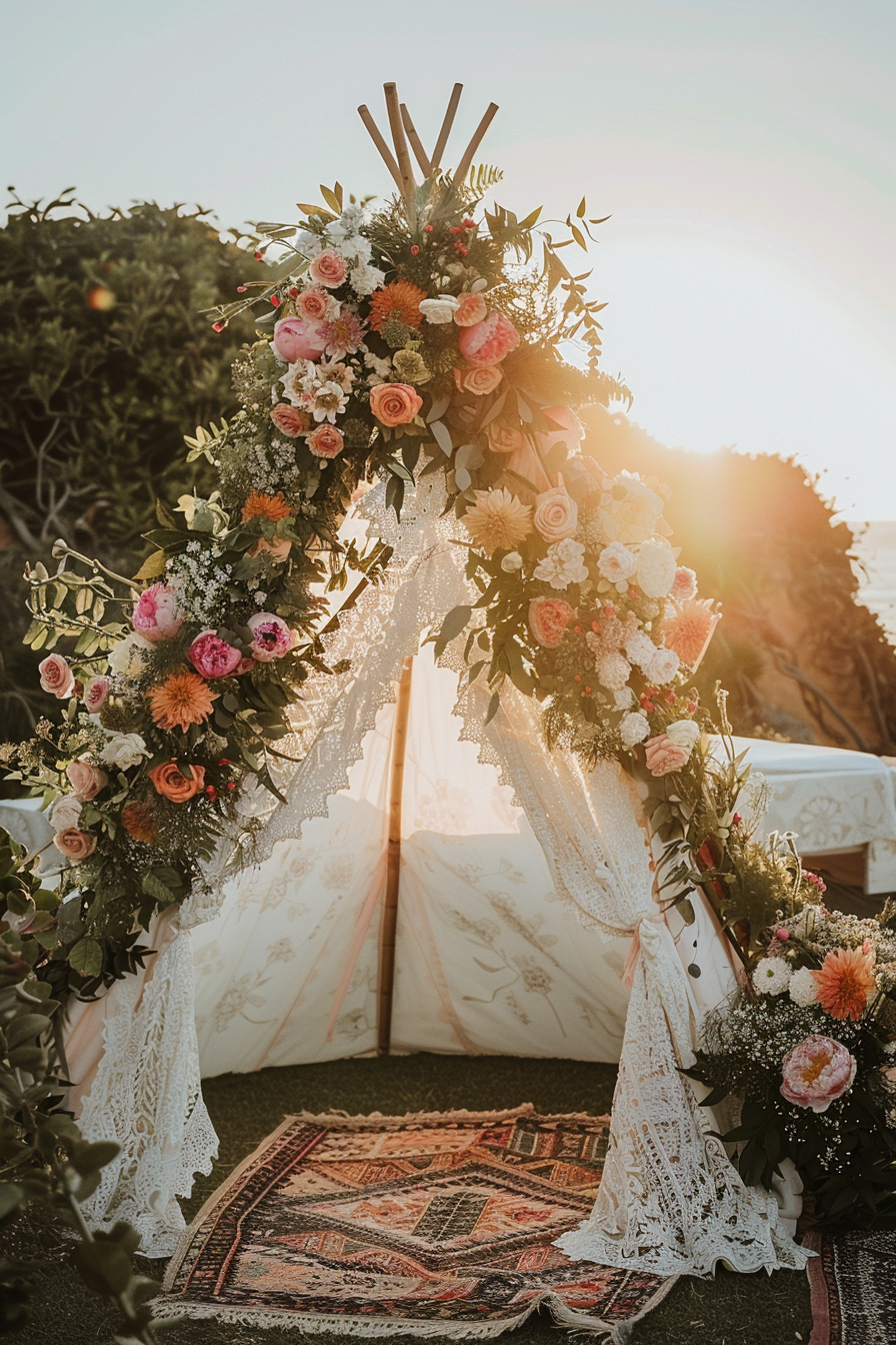 Boho wedding design. White lace teepee under a flower arch by sunset.