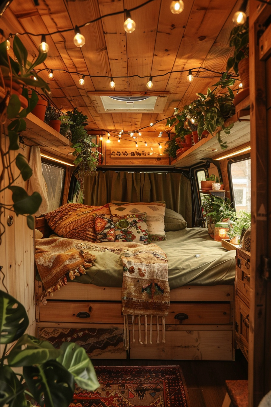 Converted Sprinter van camper. String lights, hanging plants, rich textiles, and a rustic wooden interior.