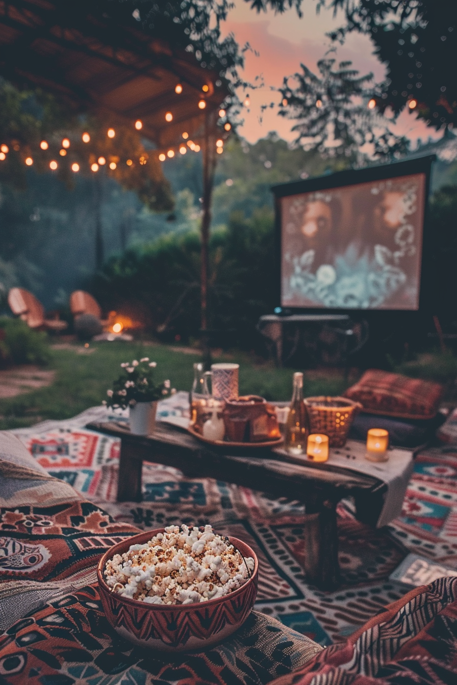 Backyard movie night setup. Bohemian picnic blanket and popcorn near projector screen.