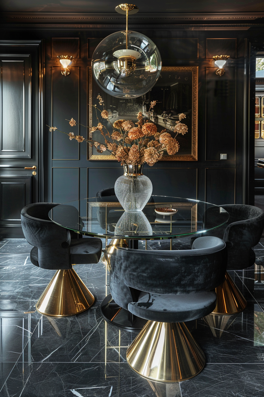 Dining room. Glass table with brass accents and charcoal velvet chairs.