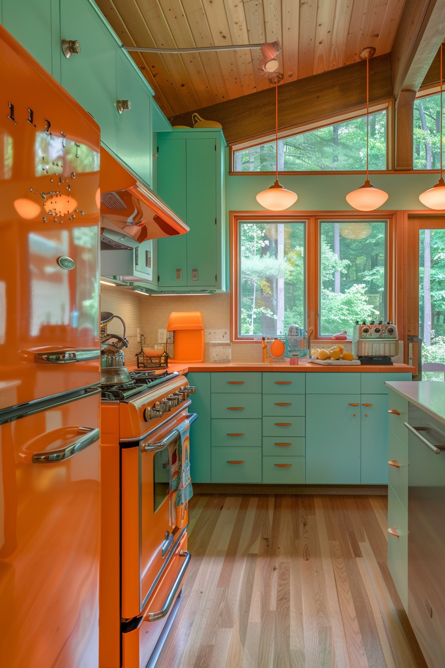 Mid Century Modern Kitchen. Aqua cabinetry with orange retro-inspired appliances.