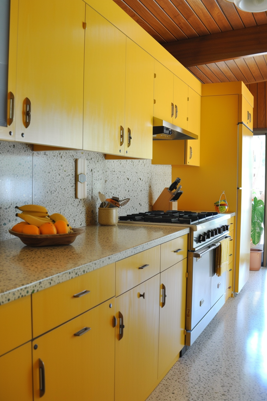 Mid Century Modern Kitchen. Mustard yellow cabinets with terrazzo countertops.