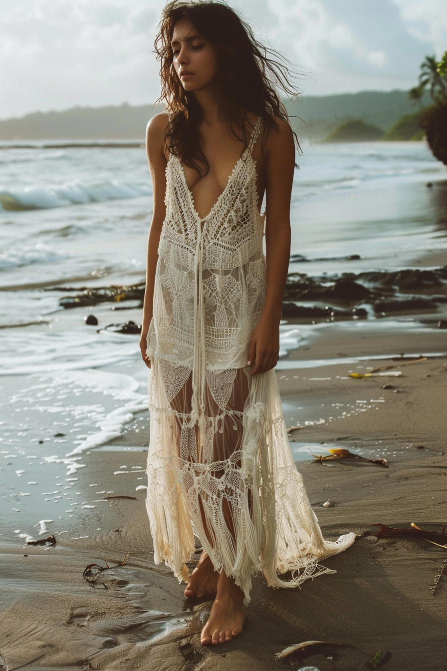 Beach wedding attire. Semi sheer, ivory, crochet maxi dress with macrame details.