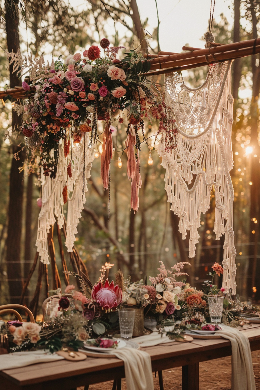 Wedding view. Hanging macrame décor, broad tepee arch, flowing floral centerpieces, crisp sunset lighting.