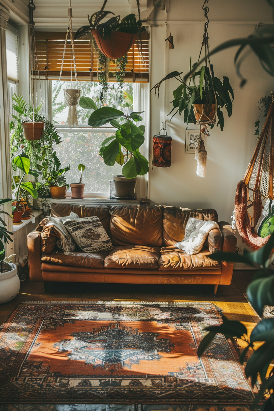 Wide view of Boho-living room. leather sofa, kilim rug, hanging swing chair, plants by sun-beams.