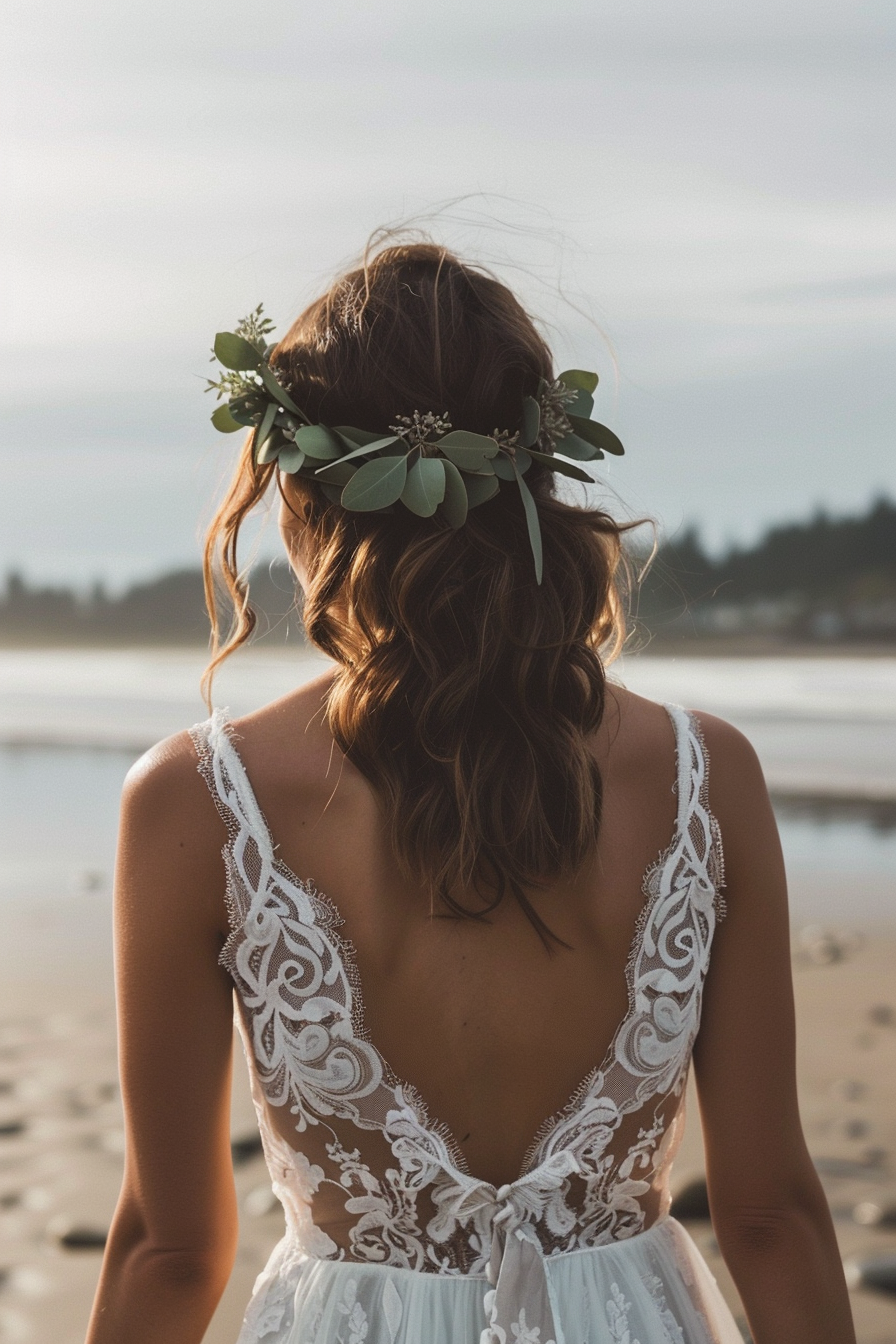 Beach wedding. Lace maxi dress with eucalyptus flower crown.