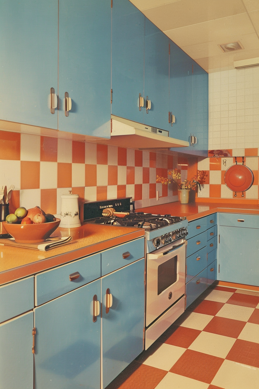 Mid Century Modern Kitchen. Retro blue cabinets with orange checkered tiles.