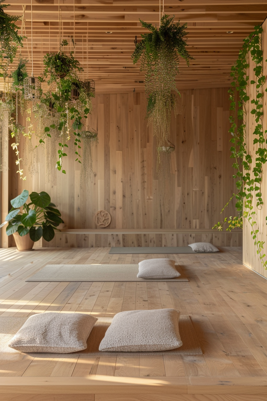 Japandi designed yoga studio. Wide view, hanging plants against wooden walls.