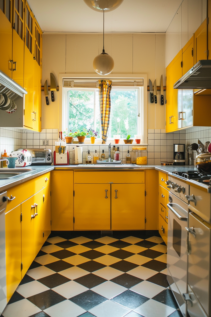 Mid-century modern kitchen. Yellow cabinets with vintage checkerboard flooring.