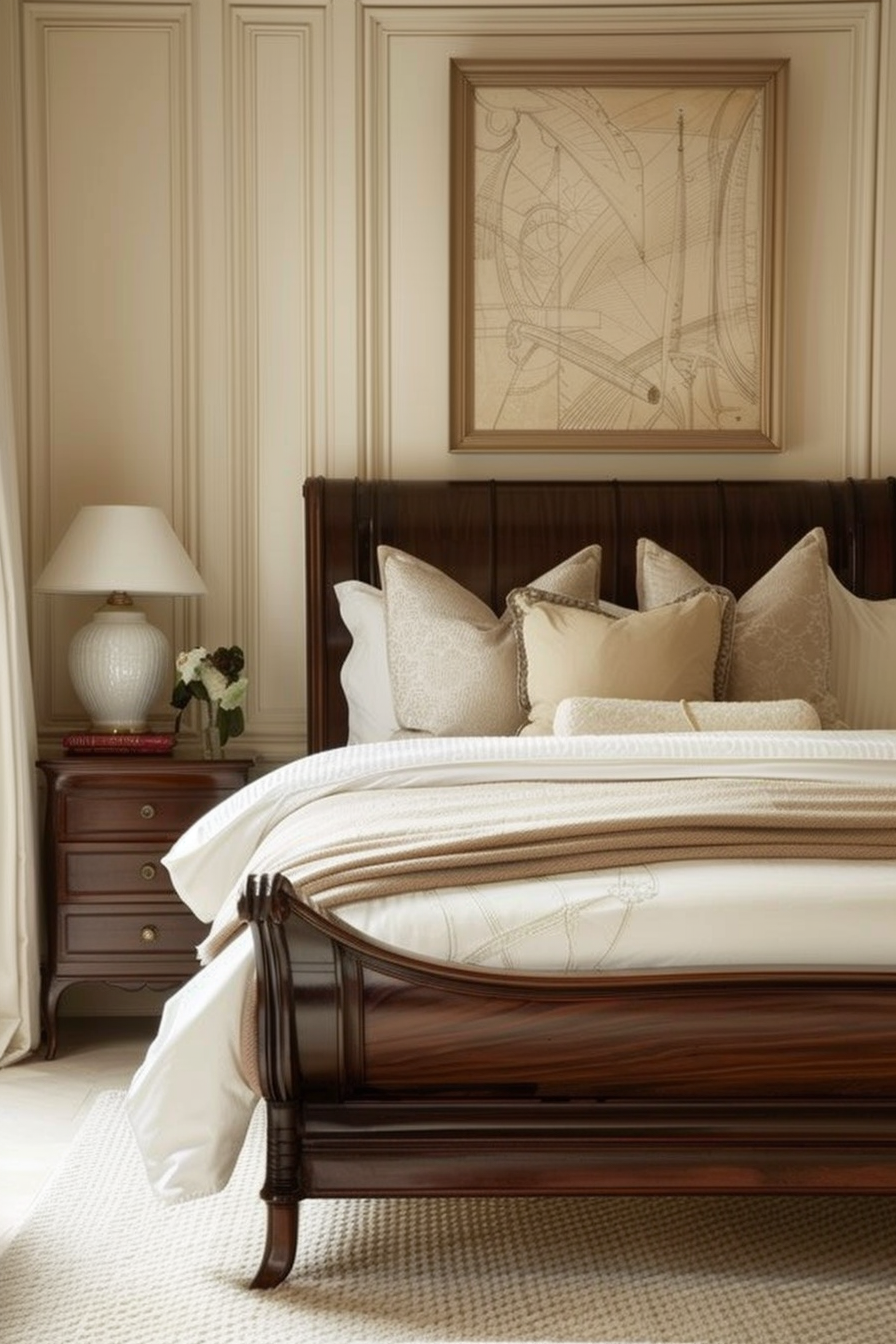 Neutral bedroom. Cream walls with a king-sized mahogany bed.