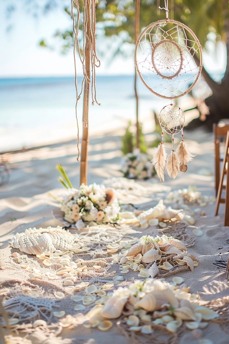 Boho beach wedding. Seashell-embellished dreamcatcher aisle decorations.