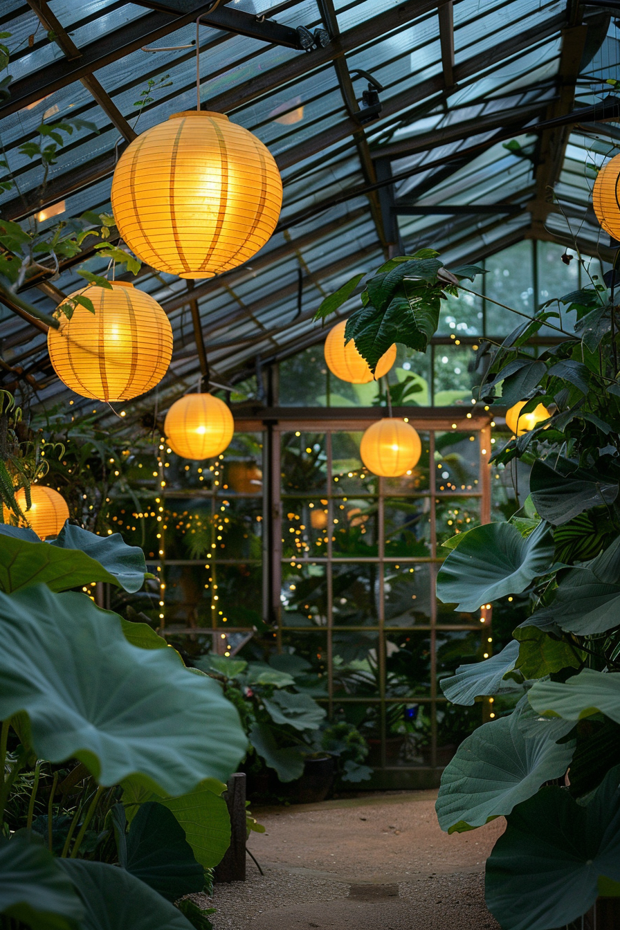 Birthday party in a greenhouse. Yellow lanterns amidst verdant leaves.